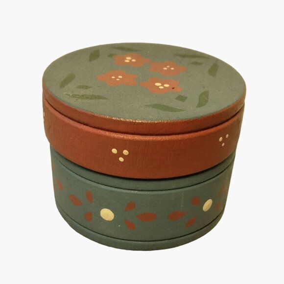 Floral Wooden Trinket Box Blue Hand Painted Tole Pennsylvania Dutch - Picture 3 of 8